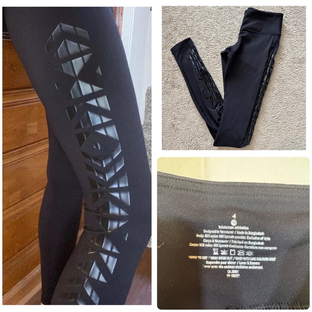 Lululemon Wunder Under Black Embossed Aztec Faux Leather Leggings Women's 4